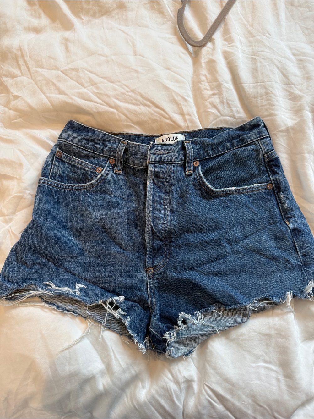Agolde Dark Blue Distressed Denim Jean Shorts